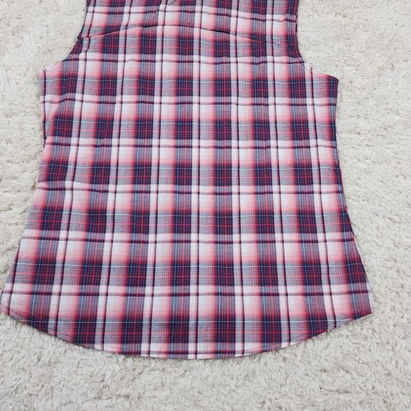 Dakini Plaid Boyfriend Shirt Womens Medium Red Stretch Hidden Pocket Vented - Picture 7 of 10